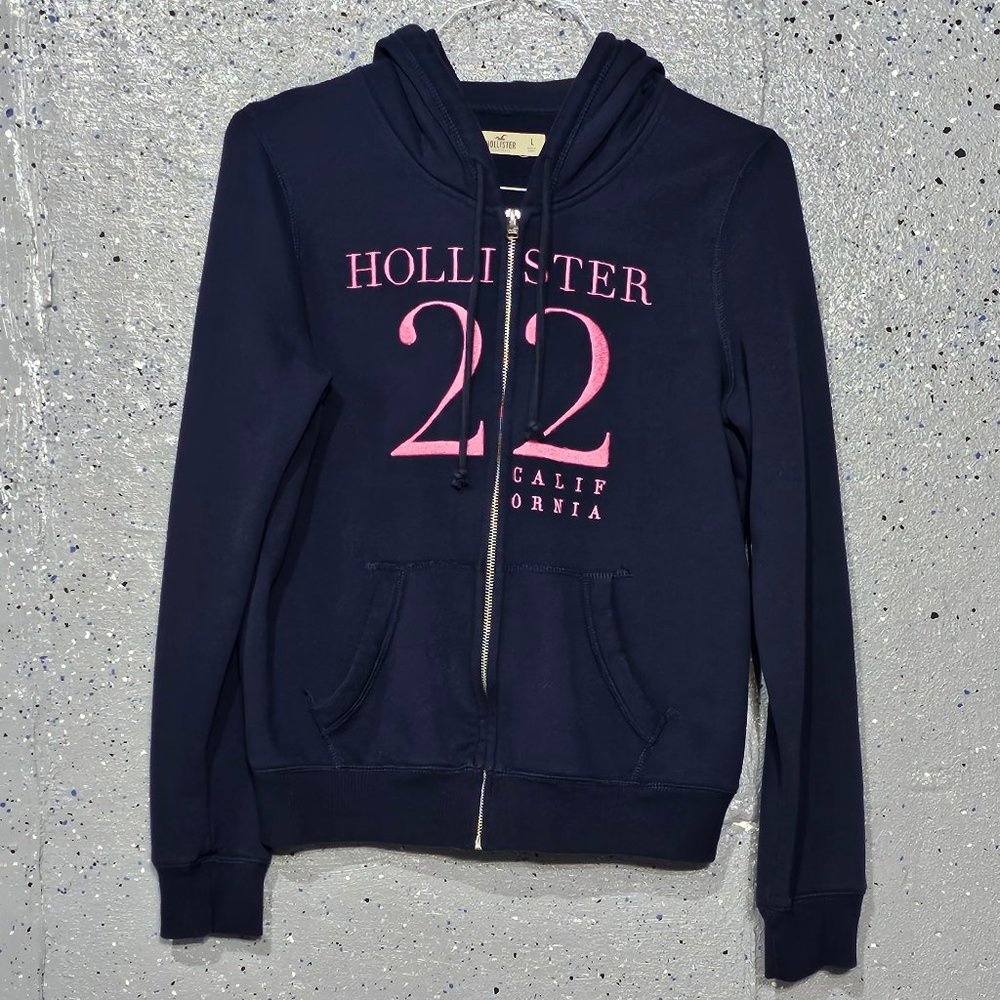 Hollister Womens Blue Pink Embroidered Long Sleeve Full Zip Hooded Sweatshirt L